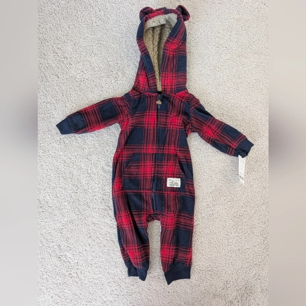 NWT Lot Of 2 Carter's Fleece One Piece FullZip Bodysuit Plaid Size 6 Months